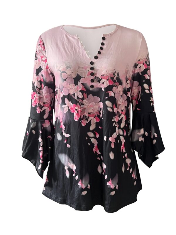 Spring And Autumn New Printed Spike Button Irregular Three-quarter Sleeve T-shirt Casual Top – Bild 2