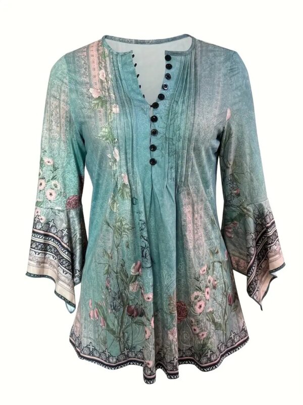 Spring Summer New Printed Studded T-shirt Irregular Three-quarter Sleeve Top – Bild 3
