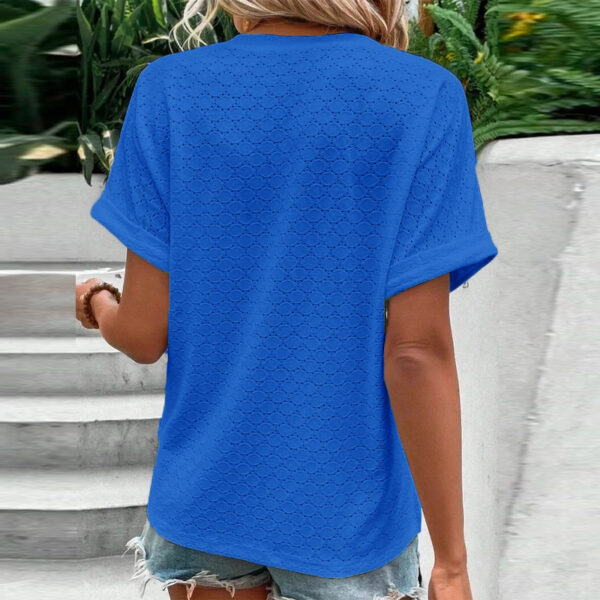 Women's Casual V-Neck Blouse Short Sleeve Loose Fit Button Front Solid Color Top – Bild 2