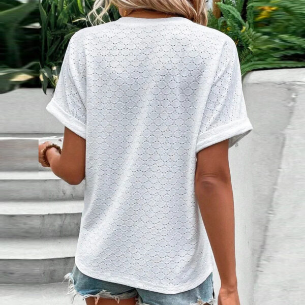 Women's Casual V-Neck Blouse Short Sleeve Loose Fit Button Front Solid Color Top – Bild 7