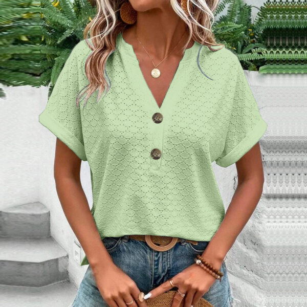 Women's Casual V-Neck Blouse Short Sleeve Loose Fit Button Front Solid Color Top – Bild 4