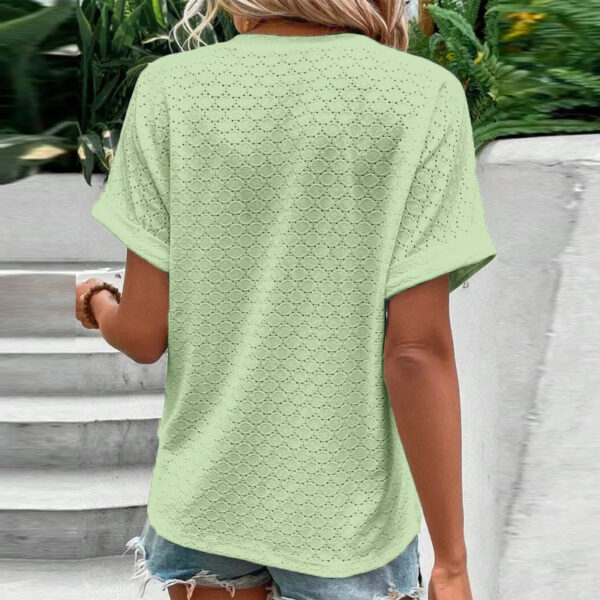 Women's Casual V-Neck Blouse Short Sleeve Loose Fit Button Front Solid Color Top – Bild 10