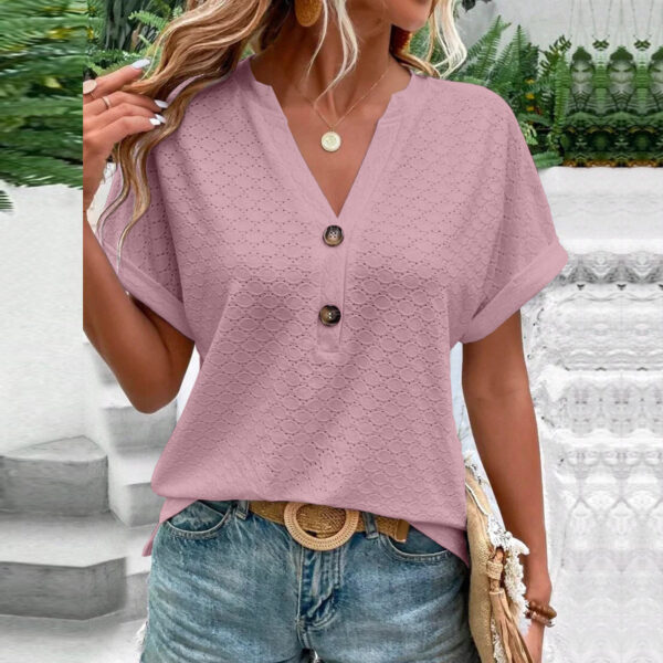 Women's Casual V-Neck Blouse Short Sleeve Loose Fit Button Front Solid Color Top – Bild 6
