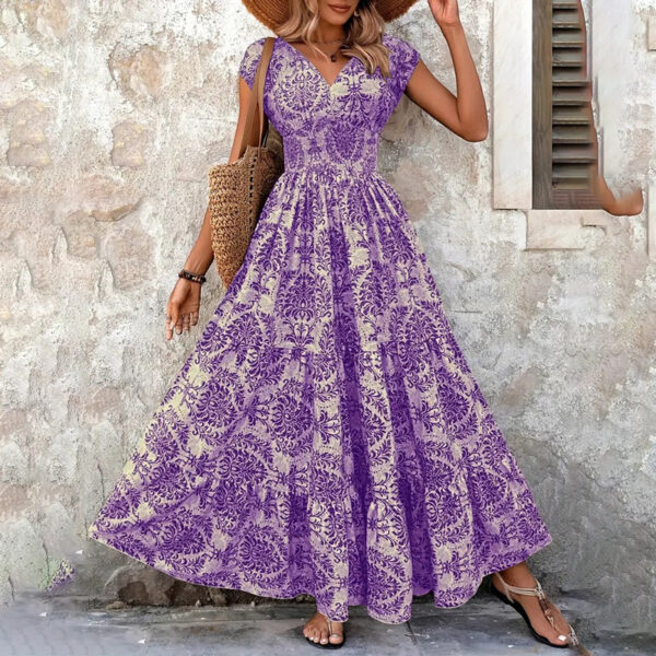Women's Sexy V-Neck Short Sleeve Maxi Dress Summer Prints And Flowy Big Hem Beach Dresses – Bild 2