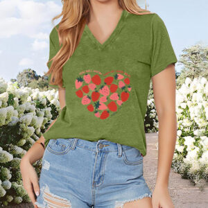 Women's V-Neck Short Sleeve Strawberry Heart Print Summer T-Shirt Casual Top