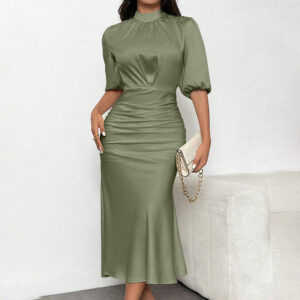 Women's Short Sleeve Mock Neck Ruched Midi Dress Slim Fit Elegant Party Dress