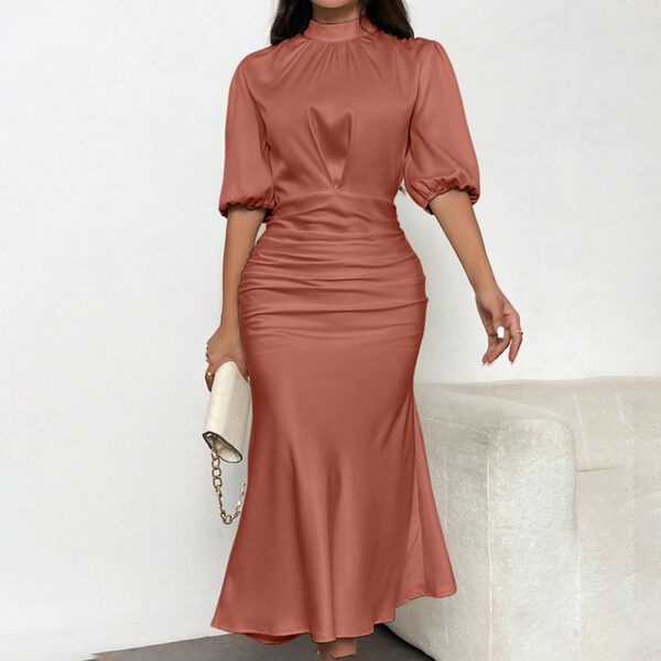 Women's Short Sleeve Mock Neck Ruched Midi Dress Slim Fit Elegant Party Dress – Bild 3