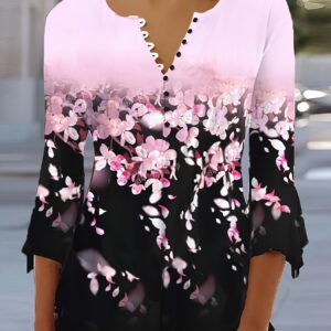 Spring And Autumn New Printed Spike Button Irregular Three-quarter Sleeve T-shirt Casual Top