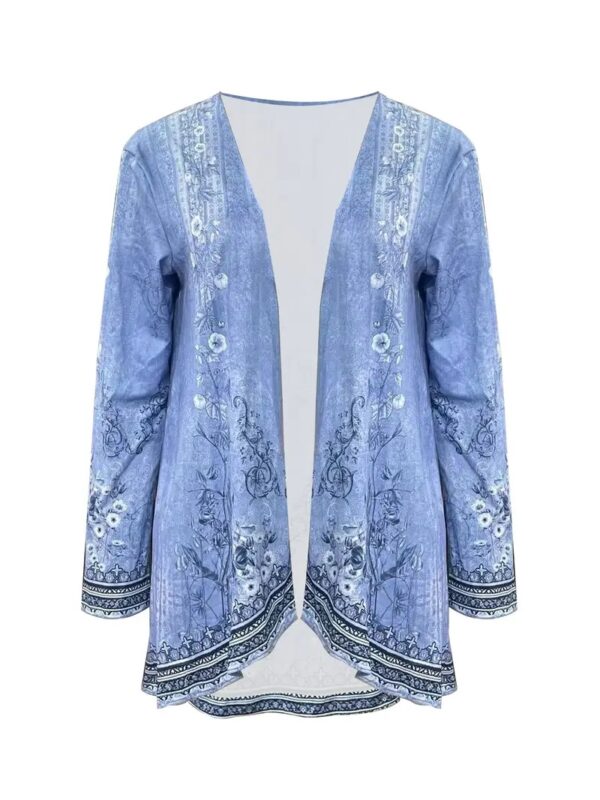 Spring And Autumn New Women's Top Printed Cardigan Casual Long Sleeve Light Jacket Blue – Bild 2