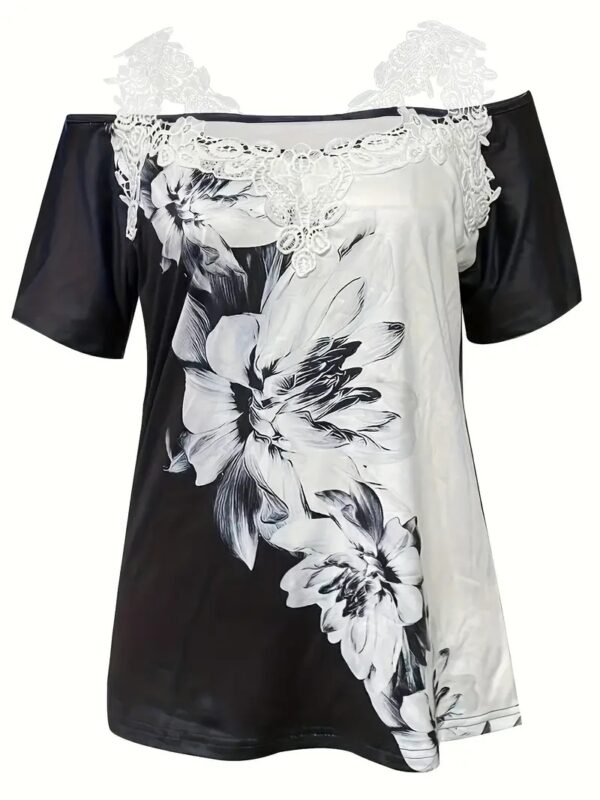Spring Summer New Floral Print V-neck T-shirt Lace Casual Off-the-shoulder Short-sleeved Top – Bild 3