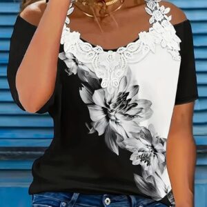 Spring Summer New Floral Print V-neck T-shirt Lace Casual Off-the-shoulder Short-sleeved Top