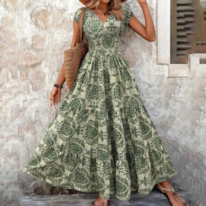 Women's Sexy V-Neck Short Sleeve Maxi Dress Summer Prints And Flowy Big Hem Beach Dresses