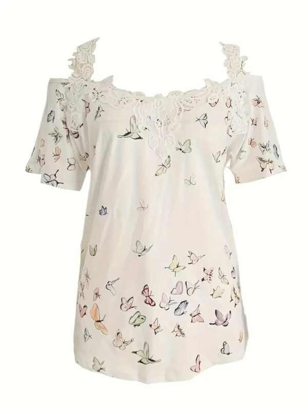 Spring Summer New Butterfly Print V-neck T-shirt Lace Casual Off-the-shoulder Short-sleeved Top – Bild 3
