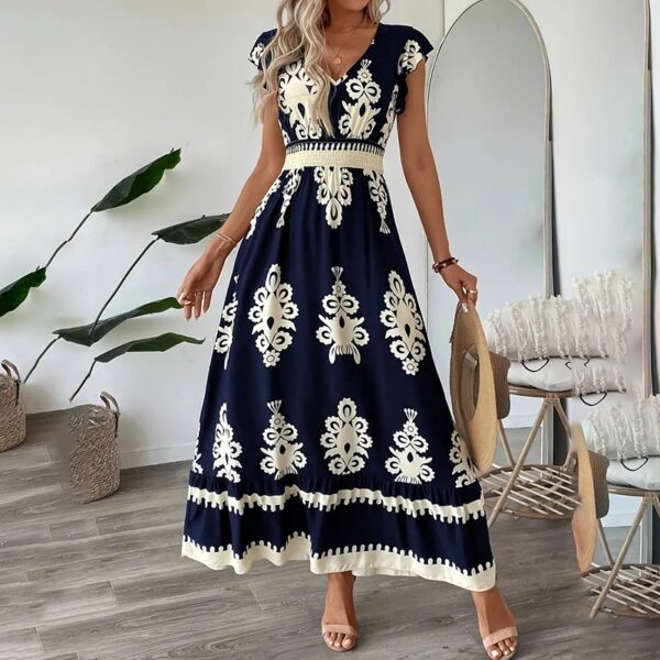 Women's Summer Flowy Maxi Dress Casual Cap Sleeve V Neck Smocked Waist Beach Sundress – Bild 10