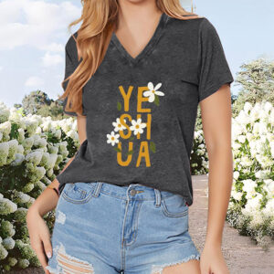 Women's Casual V-Neck Short Sleeve T-Shirt Letter & Flower Print Summer Top Comfortable Knit Tee
