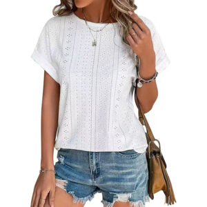 Womens Eyelet Embroidery Tops Casual Crew Neck Short Sleeve Trendy T Shirts