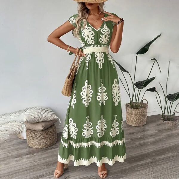Women's Summer Flowy Maxi Dress Casual Cap Sleeve V Neck Smocked Waist Beach Sundress – Bild 2