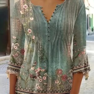 Spring Summer New Printed Studded T-shirt Irregular Three-quarter Sleeve Top