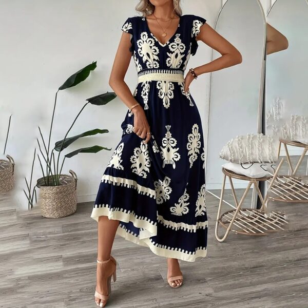 Women's Summer Flowy Maxi Dress Casual Cap Sleeve V Neck Smocked Waist Beach Sundress – Bild 5