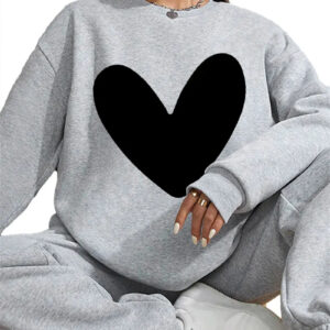 Women Basic Casual Pullover Spring Autumn Long Sleeve Solid Color Heart Printed Round Neck