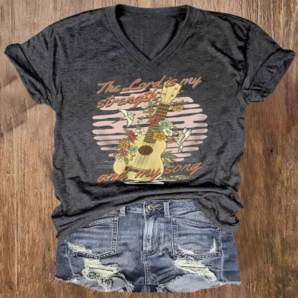 Women's Guitar & Letter Print Short Sleeve T-Shirt Casual V Neck Summer Top – Bild 4
