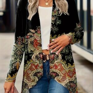 Spring And Autumn New Women's Top Printed Cardigan Casual Long Sleeve Light Jacket Black
