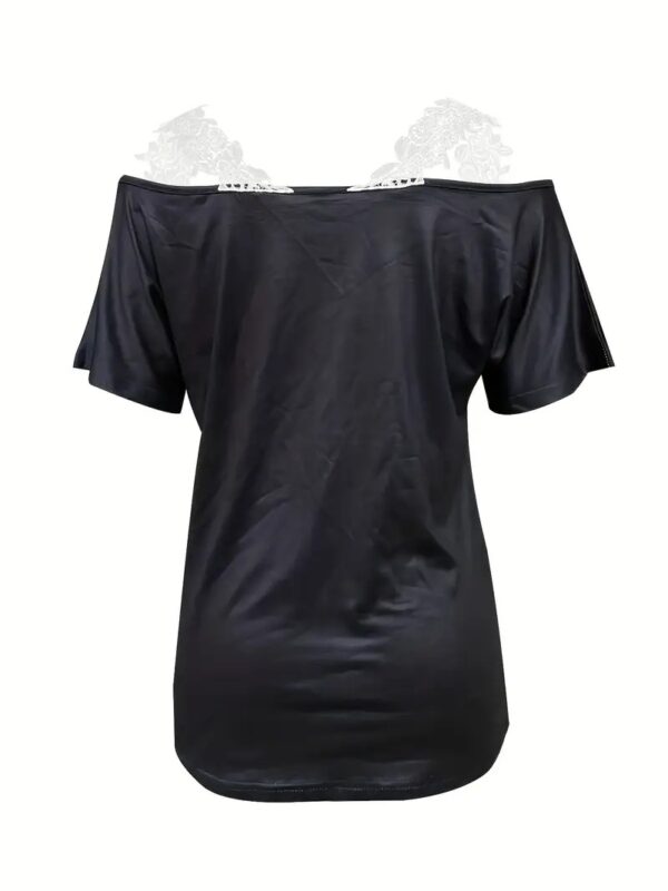 Spring Summer New Floral Print V-neck T-shirt Lace Casual Off-the-shoulder Short-sleeved Top – Bild 2