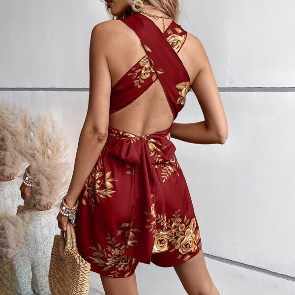 Women's Floral Print Deep V Neck Tie Back Sleeveless Romper Short Jumpsuit – Bild 9