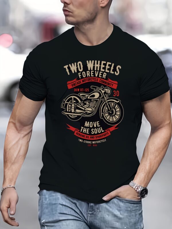 Men's Novel Pattern T-shirt, Motor Print, Polyester And Spandex, Retro Motorcycle Design, Casual Round Neck, Machine Washable – Bild 2