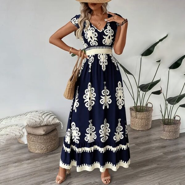 Women's Summer Flowy Maxi Dress Casual Cap Sleeve V Neck Smocked Waist Beach Sundress – Bild 7