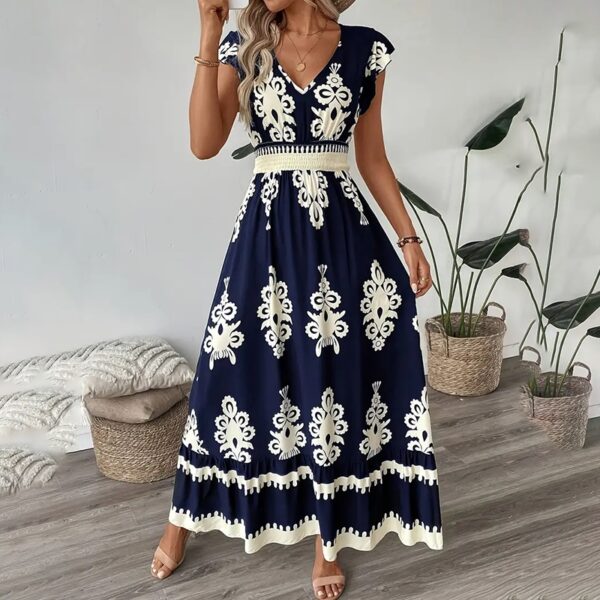 Women's Summer Flowy Maxi Dress Casual Cap Sleeve V Neck Smocked Waist Beach Sundress – Bild 3