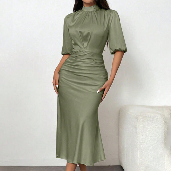 Women's Short Sleeve Mock Neck Ruched Midi Dress Slim Fit Elegant Party Dress – Bild 8
