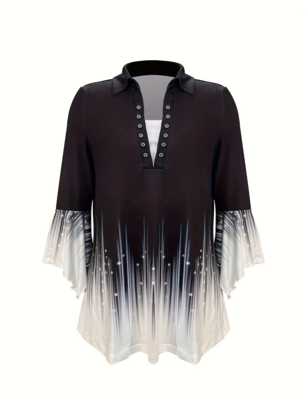 Spring And Autumn New Printed Lapel Three-quarter Sleeve T-shirt Irregular Cuff Button Top – Bild 3