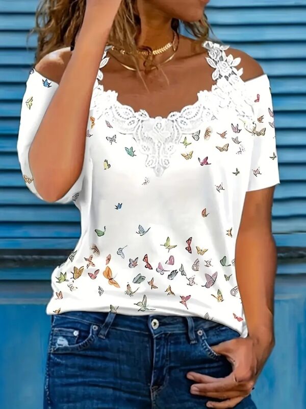 Spring Summer New Butterfly Print V-neck T-shirt Lace Casual Off-the-shoulder Short-sleeved Top