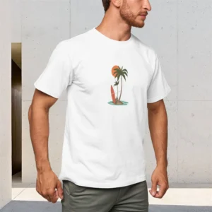 Palm Tree And Sunset Print Men's Pure Cotton T-Shirt 150g Round Neck Short-Sleeved Casual Top,Comfortable Breathable