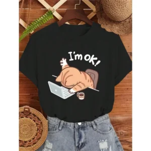 I'M OK Cat Work Pattern Women's Short-Sleeved T-shirt Cute Casual Comfortable Animal Pattern Top