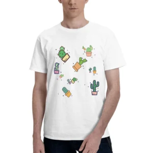 Men's Pure Cotton T-Shirt 150g Round Neck Short-Sleeved Cactus Pattern Comfortable Breathable Casual Top