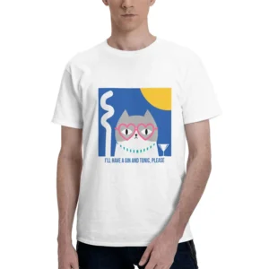 Men's Pure Cotton Cat Round Neck Short Sleeve Shirt 150g Breathable Comfortable Embossed Pattern Top Tee