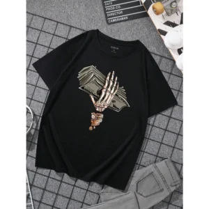 Men's Pure Cotton Skull Handprint T-Shirt Breathable Comfortable Loose Fit Short Sleeve Casual Top