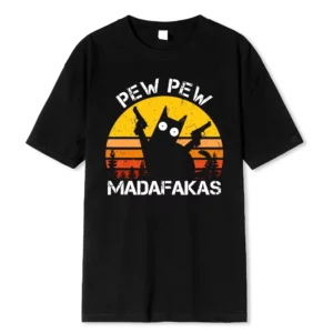 Double Gun Sunset Print Funny Cat T-Shirt Men's Women's Cool Trendy Cotton Short Sleeve Top For Birthday Commemoration