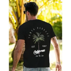 Men's Short Sleeve T-Shirt Breathable Comfortable Cotton Tee With Coconut Tree Letter Pattern Casual Gift For Friends