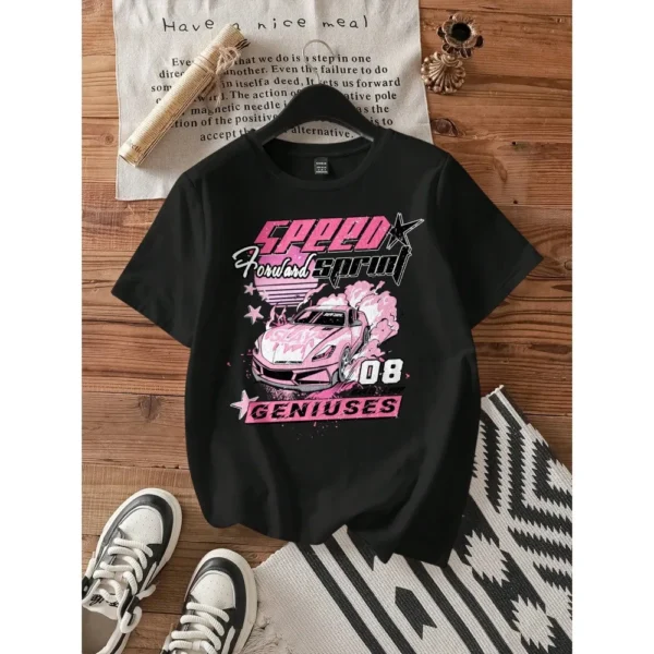 Summer Women's Casual Loose T-Shirt Round Neck Short-Sleeved Comfortable Breathable Letter Print Top For Racing