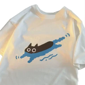 Pure Cotton Men's T-Shirt 180g Comfortable Breathable Short Sleeve Cartoon Cat Swimming Print Top For Casual Wear