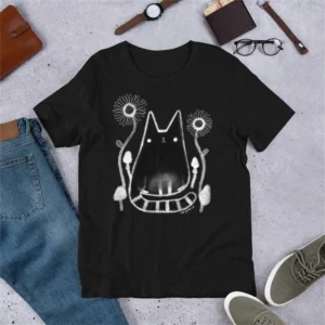 Women's Black Cat Mushroom Flowers T-Shirt Folk Art Forest Whimsical Fungi Floral Witchy Cats Top For Birthday Gifts