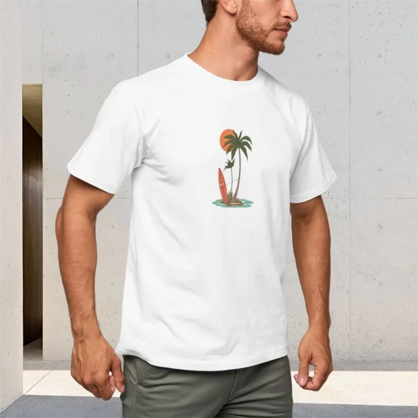 Palm Tree And Sunset Print Men's Pure Cotton T-Shirt 150g Round Neck Short-Sleeved Casual Top,Comfortable Breathable