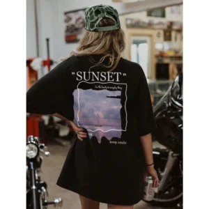 Women's Sea Sunset Scenery Printed Short-Sleeved T-Shirt Loose Fit Pure Cotton Round Neck Top