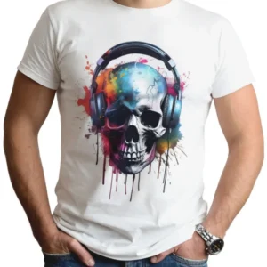 Unisex Cyberpunk-Style Skull Headphone Print Cotton T-Shirt Colorful Music Festival Top Men's And Women's Clothing