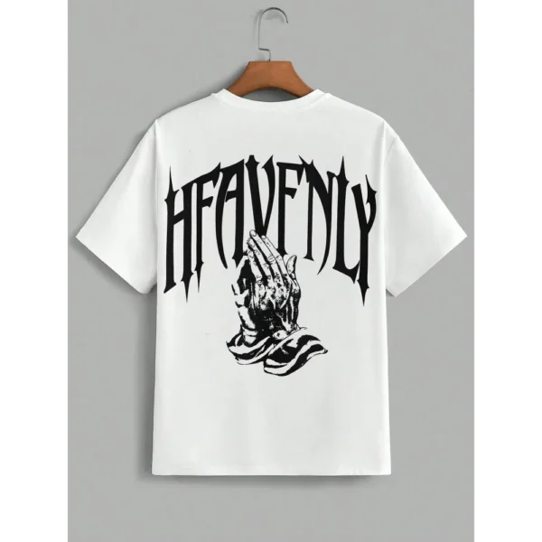 Men's Double-Sided Letter-Printed Loose Cotton T-Shirt Short-Sleeved Casual Streetwear Top Two-Handed Prayer Pattern