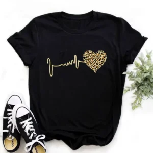 Women's Pure Cotton Short-Sleeved Top 180g Leopard Print Heartbeat Pattern Trendy T-Shirt For Casual Wear