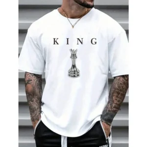 Men's Casual Short-Sleeved T-Shirt Breathable Chess Letter Print Top Comfortable Streetwear